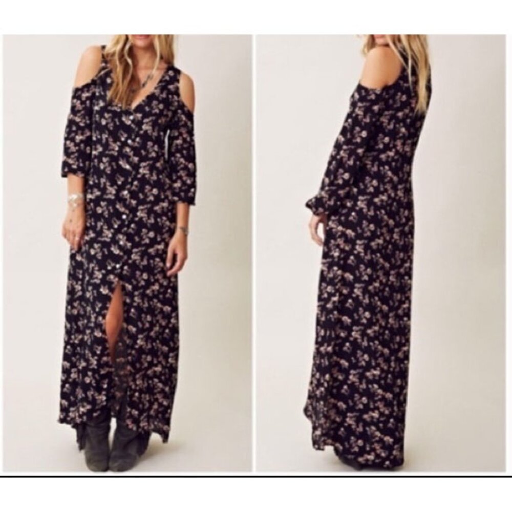 Flynn Skye 90s Vintage Cold Shoulder Maxi Dress Black Floral